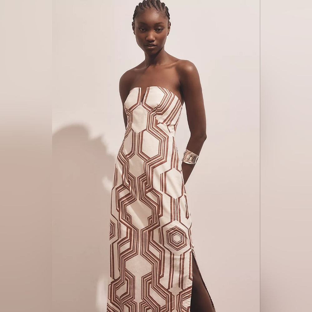 Anthropologie Strapless Geometric Dress in Cream and Brown - Picture 2 of 9